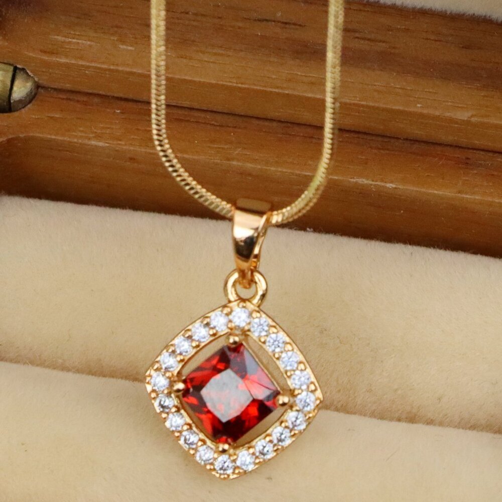 "Red Princess-Cut Halo Pendant in Gold Plated Brass – Elegant Sparkle, XPPT1792